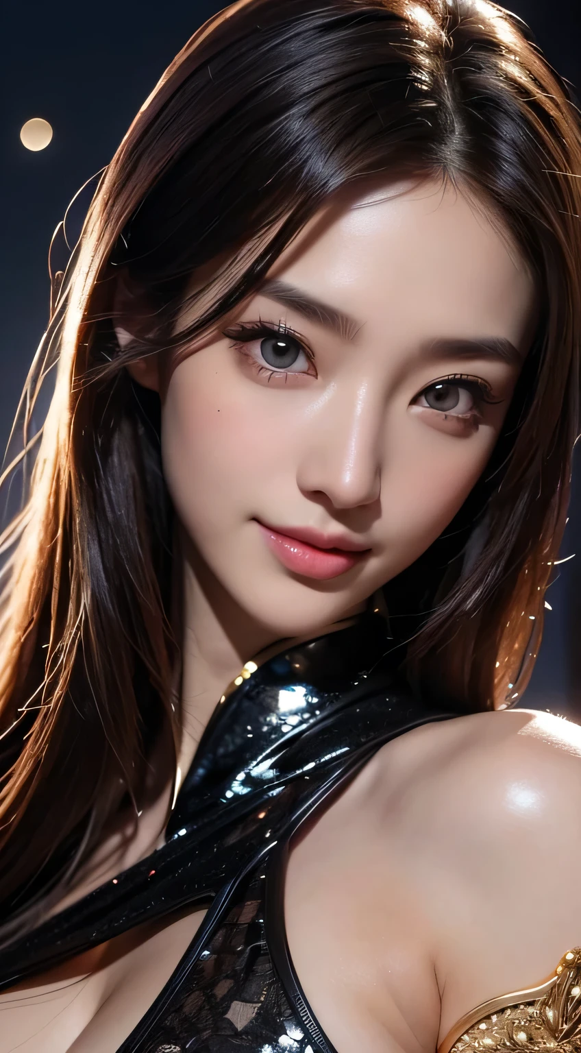 Kimono beauty, body portrait, 8k, thin and beautiful eyes, Dindal effect, masterpiece, top quality, high quality, high resolution, very detailed photo, (natural skin texture, fine skin, hyper realism, super sharpness) , high detail skin, (very fine, fine skin texture, intricate details, beautiful face, (real-like face), realistic eyes, beautifully detailed eyes, realistic skin, beautiful skin, surreal, Highly detailed, golden ratio, smiling eyes, ((night moonlight background)), body portrait, G cup, big breasts, huge breasts, big breasts, glamorous, shiny bodysuit