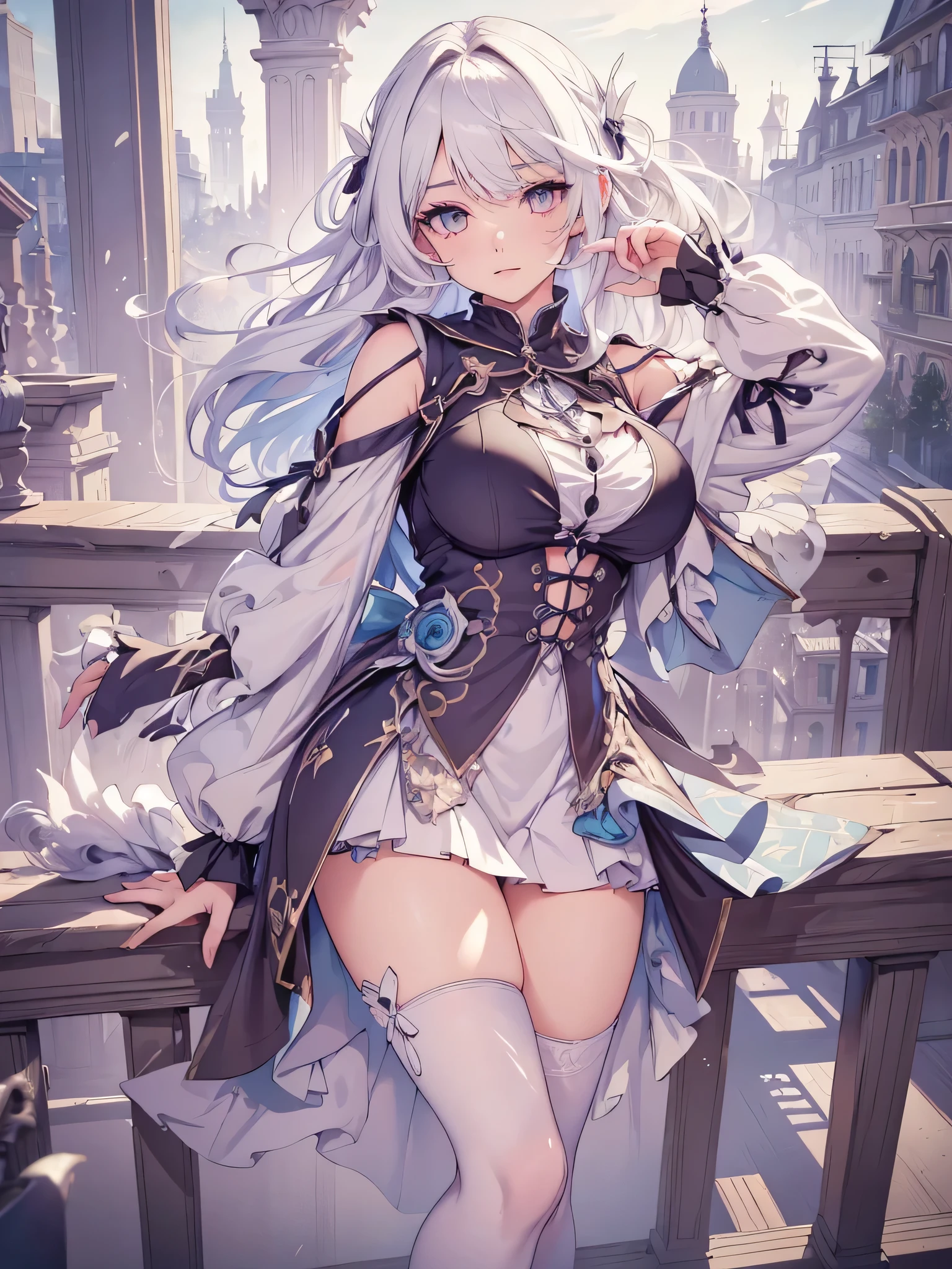 1girl, white hair, high quality, best quality, illustration, masterpiece, (highly detailed:1.2), (extremely detailed:1.3), young girl, in a winter park, string ribbon, skirt, thigh highs, winter, full body,  ((masterpiece)),(top quality),(best quality),(((ultra-detailed , 8k quality))), (large masterpiece digital art), (detailed manga ilustration) ,(detailed line art) ,((perfect anatomy)), extremely detailed body, extremely detailed legs, perfect legs, ((Large breasts))