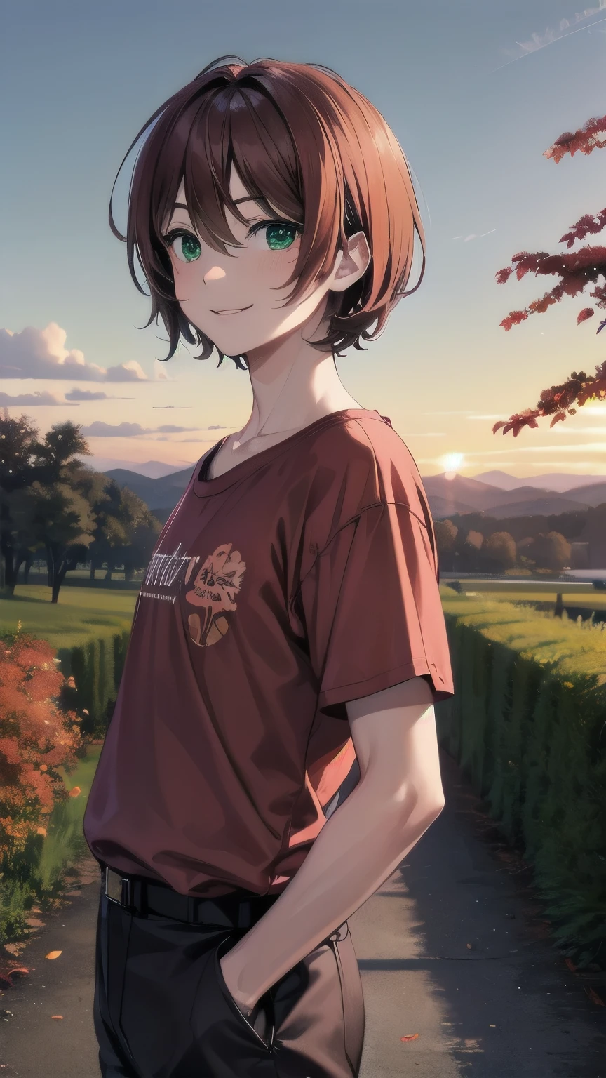(masterpiece), best quality, expressive eyes, perfect face, mature male, tanned, dark skinned male, (1boy, adult Man, young adult, young man), solo, red hair BREAK bob cut, green eyes BREAK red t-shirt BREAK red pants, smile, :), autumn leaves, autumn forest, sunset sky,