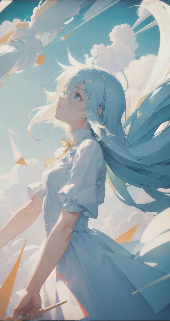 masterpiece, best quality, movie still, 1girl, floating in the sky, cloud girl, cloud, (close-up:1.1), bright, happy, fun, soft lighting, (Bauhaus, shapes, lines, abstract:1.1)