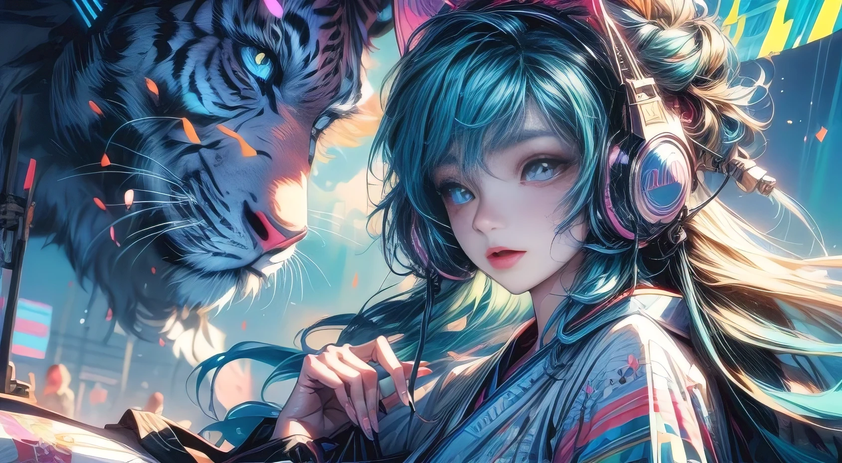 A young girl model wearing headphones and a beautiful kimono lying next to a blue-haired tiger, In a dreamy illustration style, Realistic ultra-detailed, Light Turquoise, Pointillism, Optical Blending, Soft and vibrant, hyper real pop, Dreamy person