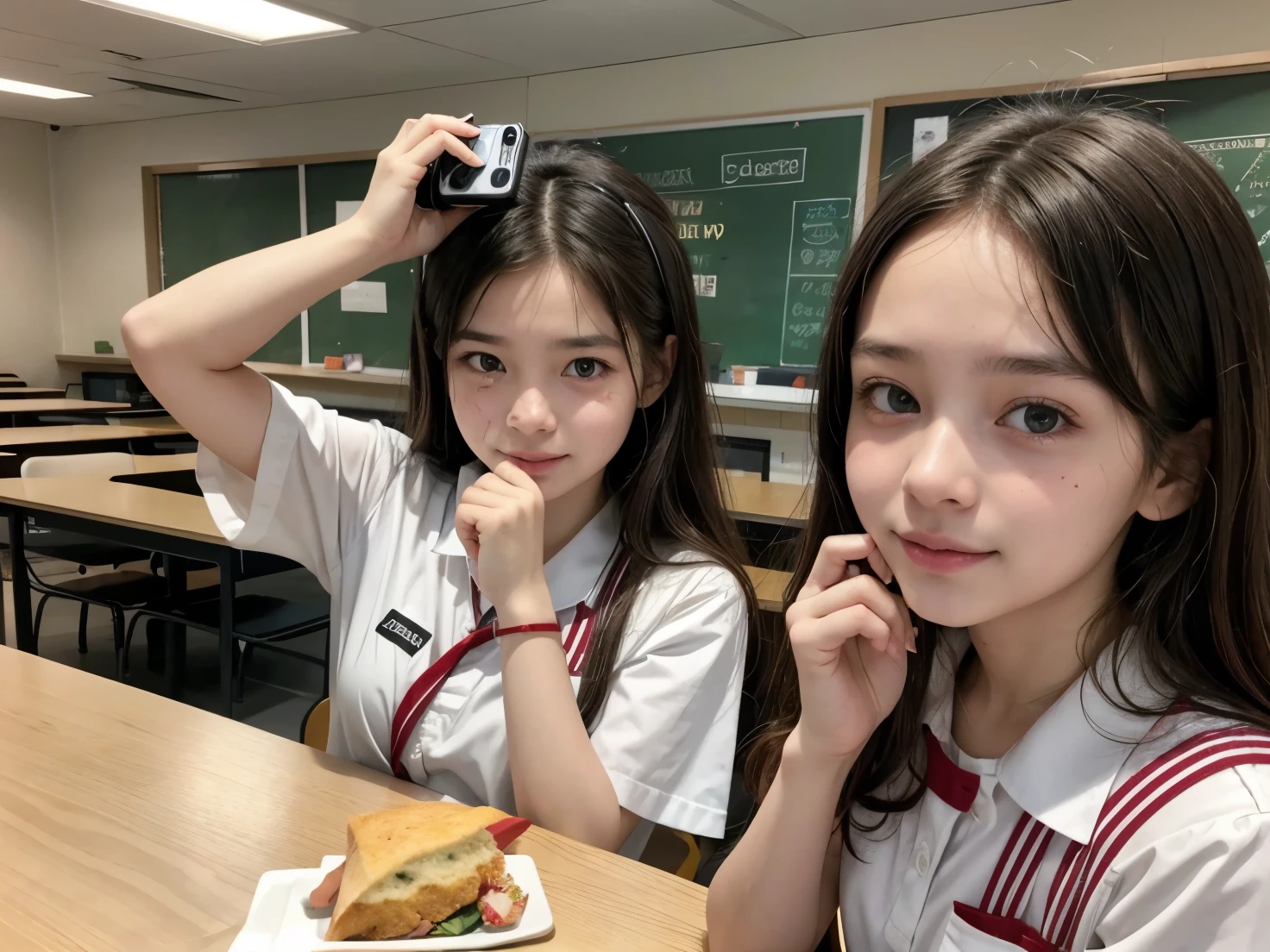 In the school cafeteria, two girls are taking a photo. One of them holds the phone to capture the moment. 18 anos, friendly girls take a photo, 17 years old, White uniform with red bands, , one girl, Sophie, tira a foto, a outra, Emma, apenas faz pose, girls look at sophie's phone camera, Jennie and lisa