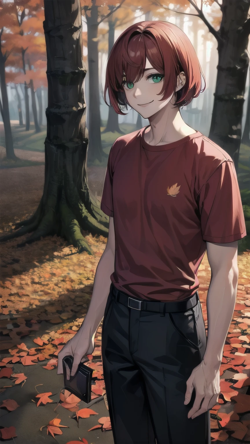 (masterpiece), best quality, expressive eyes, perfect face, mature male, tanned, dark skinned male, (1boy, adult Man, young adult, young man), solo, red hair BREAK bob cut, green eyes BREAK red t-shirt BREAK red pants, smile, :), autumn leaves, autumn forest, sunset sky, 