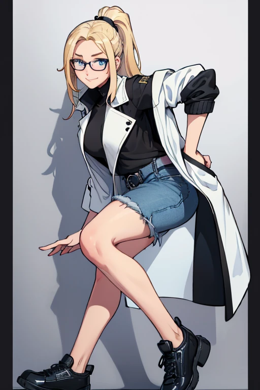 female, blonde long hair in a ponytail, blue eyes, (((1girl))), (((white and black jacket with rolled up sleeves))), (black shirt), (blue denim jeans), (black belt), (black shoes), (glasses), cute and sexy, full body, modest breasts, modest butt, long legs, smiling