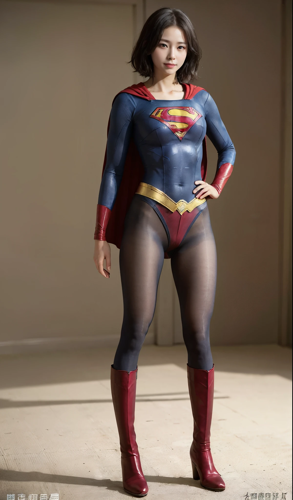 No background、(((Beautiful legs in black tights.)))、(((Legally express the beauty of your smile)))、((((Make the most of your original images)))、(((Supergirl Costume)))、(((Beautiful very short hair)))、(((suffering)))、(((Please wear black tights....、Wear red boots)))、((Best image quality、8k))、((highest quality、8k、masterpiece:1.3))、(((Preserve background )))、Sharp focus:1.2、Beautiful woman with perfect figure:1.4、Slim Abs:1.2、Wet body:1.5、Highly detailed face and skin texture、8k