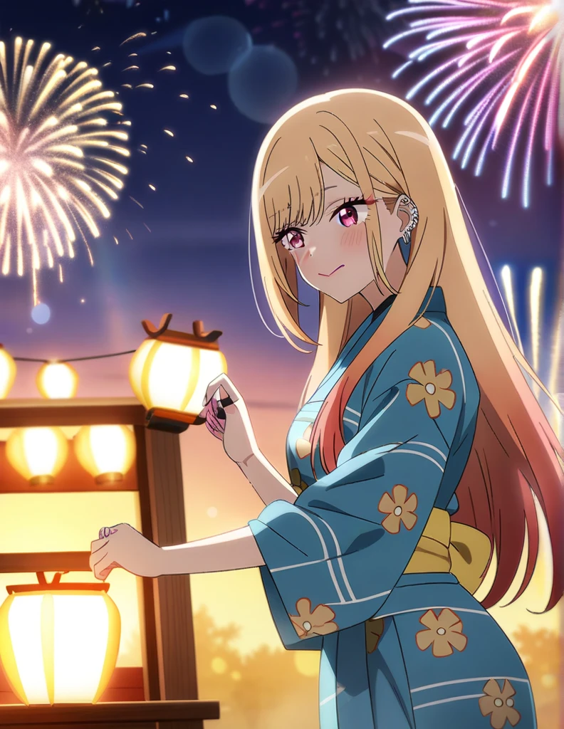 1girl, kitagawa marin, sono bisque doll wa koi wo suru, yukata, fireworks, festival, anime artwork, anime style, key visual, vibrant, studio anime, highly detailed, masterpiece, best quality, very aesthetic, absurdres
