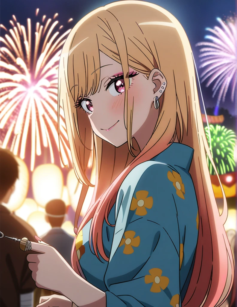 1girl, kitagawa marin, sono bisque doll wa koi wo suru, yukata, fireworks, festival, anime artwork, anime style, key visual, vibrant, studio anime, highly detailed, masterpiece, best quality, very aesthetic, absurdres