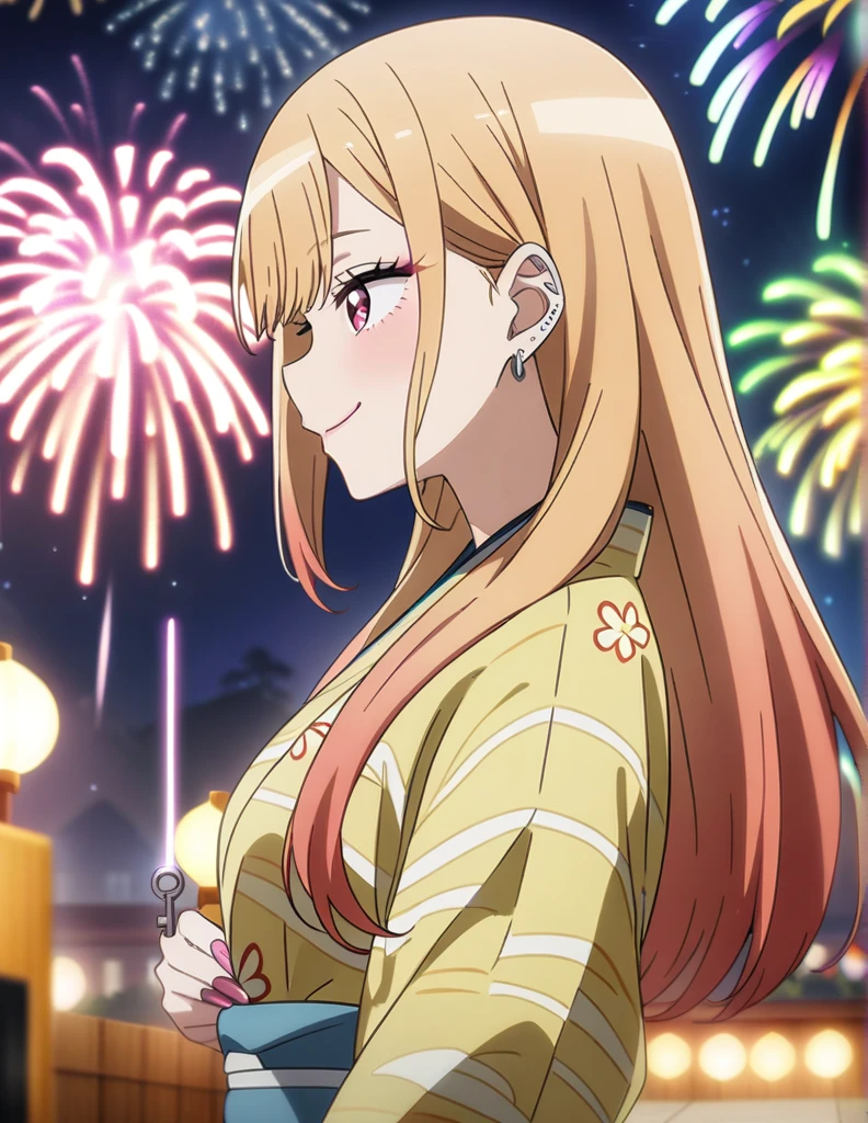 1girl, kitagawa marin, sono bisque doll wa koi wo suru, yukata, fireworks, festival, anime artwork, anime style, key visual, vibrant, studio anime, highly detailed, masterpiece, best quality, very aesthetic, absurdres