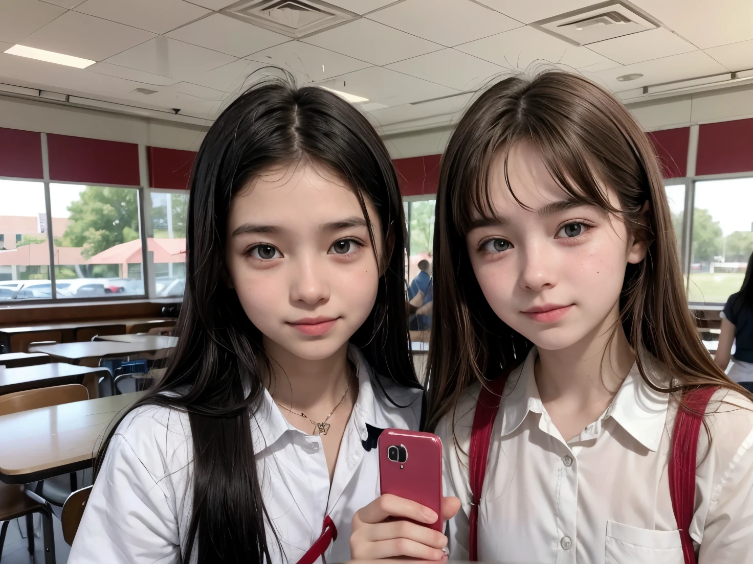 In the school cafeteria, two girls are taking a photo. One of them holds the phone to capture the moment. 18 anos, friendly girls take a photo, , White uniform with red bands, , one girl, Sophie, tira a foto, a outra, Emma, apenas faz pose, girls look at sophie's phone camera, Jennie and rosé, garotas na cantina da escola de uniforme tirando foto