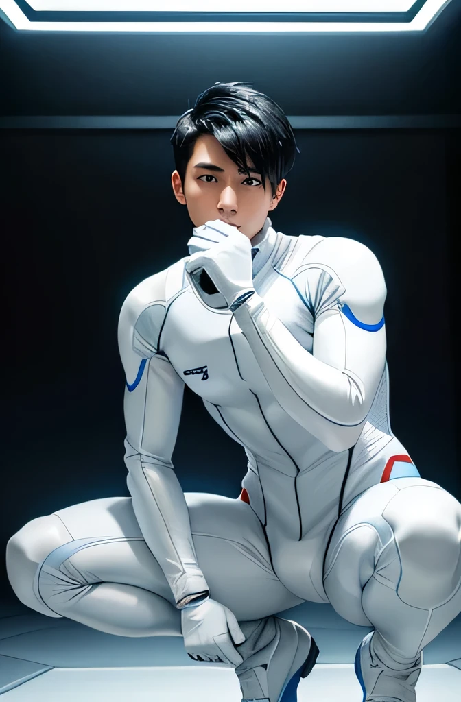 A bold and refreshing 22-year-old Japanese man Short black hair cut Short hair man Powerful pose Future World Various instruments Science fiction A tight rubber suit that is all white with blue accents Compression suit full body White gloves Texture Big Moccoli A photo taken looking up from a squatting position, looking directly at the camera Realistic images