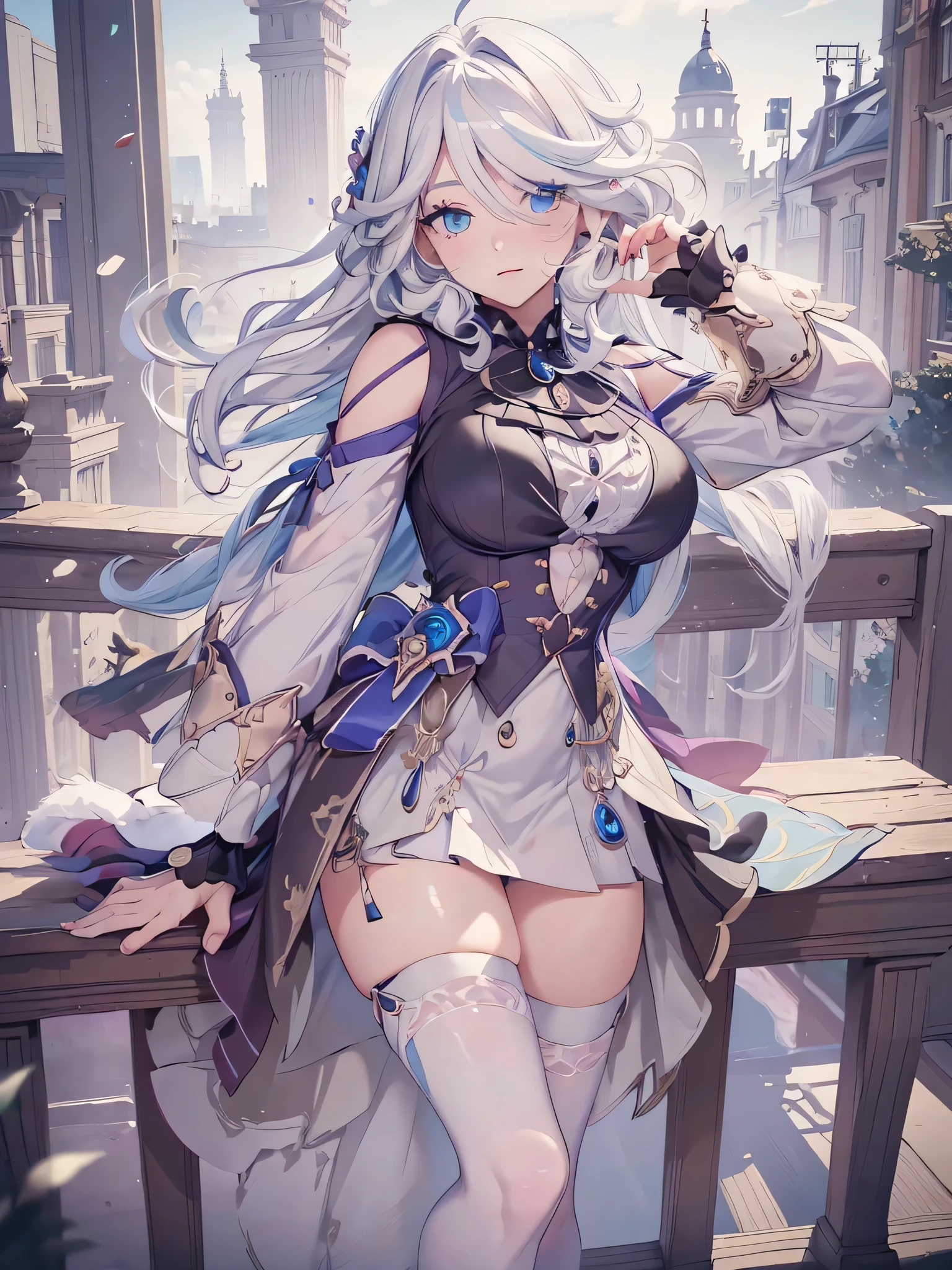 1girl, white hair, high quality, best quality, illustration, masterpiece, (highly detailed:1.2), (extremely detailed:1.3), young girl, in a winter park, string ribbon, skirt, thigh highs, winter, full body, ((masterpiece)),(top quality),(best quality),(((ultra-detailed , 8k quality))), (large masterpiece digital art), (detailed manga ilustration) ,(detailed line art) ,((perfect anatomy)), extremely detailed body, extremely detailed legs, perfect legs, ((Large breasts))