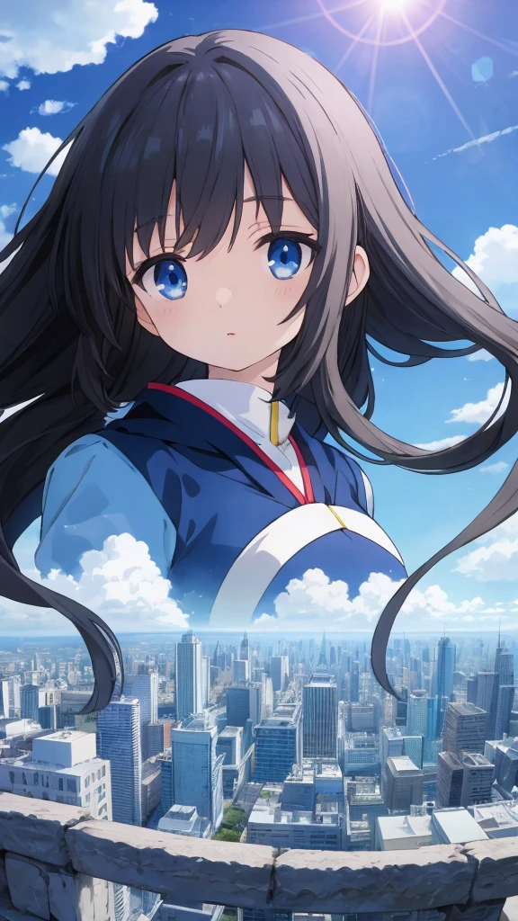 Absurd, High resolution, (Anime Style:1.1), ((Tabletop)), ((highest quality)), (Very detailed), (beautiful), alone, beautiful face、(lift)、The view from the top of a skyscraper close to the atmosphere is lovely.,Wind,((Thin black colorful long hair)),, blue eyes,Lens flare,dramatic,Detailed Ancient City、Windになびくスカート、Clouds looking down、(Don&#39;t look here:1.4),((Kingdom Hearts 4)),((Shibuya Ward))1.5,