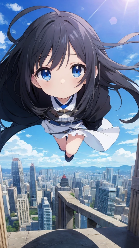 Absurd, High resolution, (Anime Style:1.1), ((Tabletop)), ((highest quality)), (Very detailed), (beautiful), alone, beautiful face、(lift)、The view from the top of a skyscraper close to the atmosphere is lovely.,Wind,((Thin black colorful long hair)),, blue eyes,Lens flare,dramatic,Detailed Ancient City、Windになびくスカート、Clouds looking down、(Don't look here:1.4),((Kingdom Hearts 4)),((Shibuya Ward))1.5,