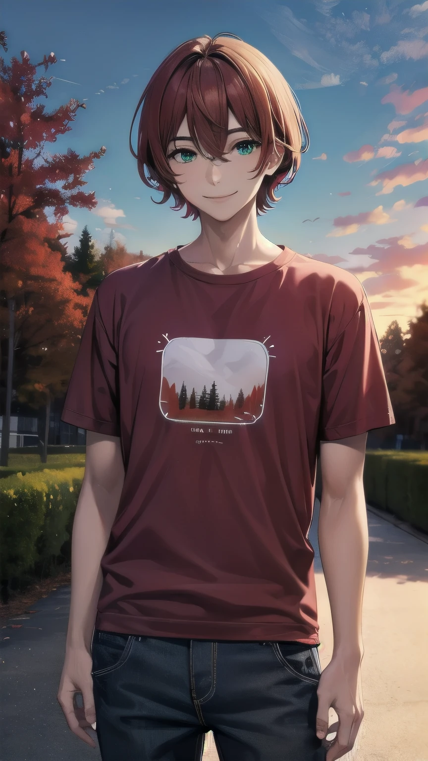 (masterpiece), best quality, expressive eyes, perfect face, mature male, tanned, dark skinned male, (1boy, adult Man, young adult, young man), solo, red hair BREAK bob cut, green eyes BREAK red t-shirt BREAK red pants, smile, :), autumn leaves, autumn forest, sunset sky,