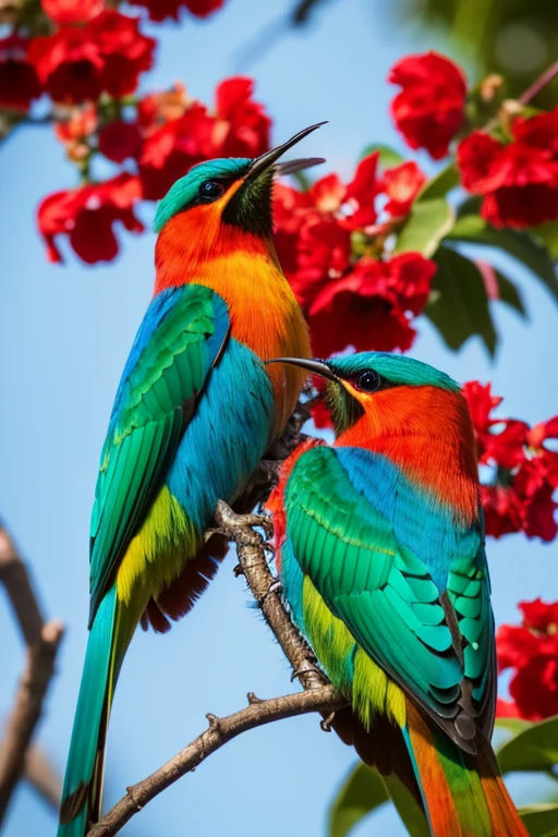 Southern red bee-eater, Merops nubicoides, Southern carmine bee-eater, Colorful birds perched on tree branches, 長いcolorfulな鳥, by Peter Churcher, rich colorful, very colorful, Rare bird in the jungle, Colorful feathers, Wildlife Photography canon, Vibrant colors. Sharp focus. oh!, Fierce - Search, Proud, colorful, Wildlife Photography, Multicolored birds, Proud表情, Multicolor, (highest quality:1.2),very beautiful,(Super detailed:1.2),Real,8K,(Very delicate and beautiful:1.2),
