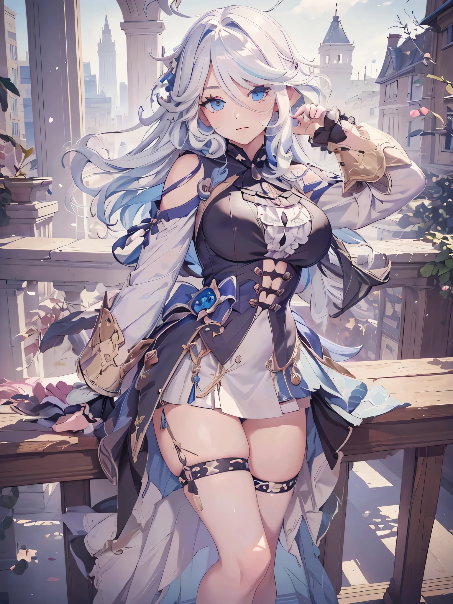 1girl, white hair, high quality, best quality, illustration, masterpiece, (highly detailed:1.2), (extremely detailed:1.3), young girl, in a winter park, string ribbon, skirt, thigh highs, winter, full body, ((masterpiece)),(top quality),(best quality),(((ultra-detailed , 8k quality))), (large masterpiece digital art), (detailed manga ilustration) ,(detailed line art) ,((perfect anatomy)), extremely detailed body, extremely detailed legs, perfect legs, ((Large breasts))