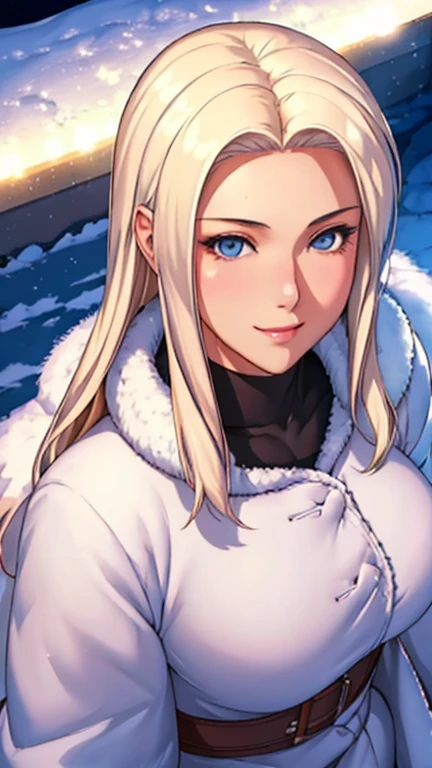 (masterpiece), (best quality), 1girl, (perfect face:1.2), (beautiful face:1.2), platinum blonde hair, (from above, upper body:1.3), happy, light smile, looking at viewer, pose, 
winter coat, outdoors, winter, snow, night time, intricate, depth of field, cinematic lighting,