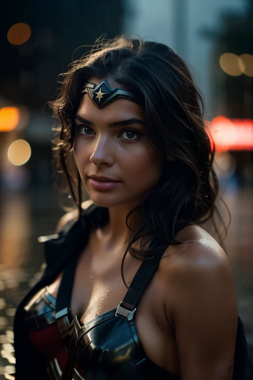 cinematic film still wonder woman soft whistle, close up shot . shallow depth of field, vignette, highly detailed, high budget Hollywood movie by danny boyle, bokeh, cinemascope, epic, that walks on Tokyo street in the rain day