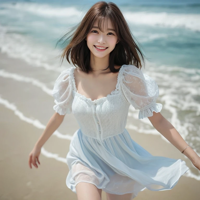 Photo-realistic quality、A woman in her fifties walking on the beach with her arms outstretched, ,Smiling Kindly, She is wearing a sheer white summer dress,looking at the camera、 Cute young woman, soft and gentle expression, Beautiful face with arms and legs, Beautiful Japanese Women, Medium long hair、Brunette Hair、looking at the camera、Detailed and beautiful eyes、smile