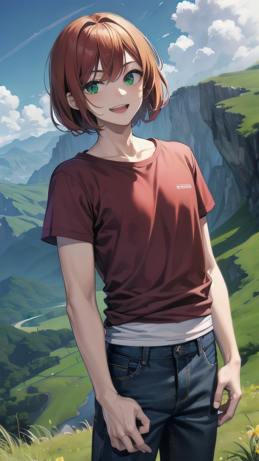 (masterpiece), best quality, expressive eyes, perfect face, mature male, tanned, dark skinned male, (1boy, adult Man, young adult, young man), solo, red hair BREAK bob cut, green eyes BREAK band aid, red t-shirt BREAK red pants, smile, :D, Green mountains, landscape, grass, blue sky, standing 