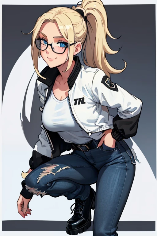 female, blonde long hair in a ponytail, blue eyes, (((1girl))), (((white and black jacket with rolled up sleeves))), (black shirt), (blue denim jeans), (black belt), (black shoes), (glasses), cute and sexy, full body, modest breasts, modest butt, long legs, smiling