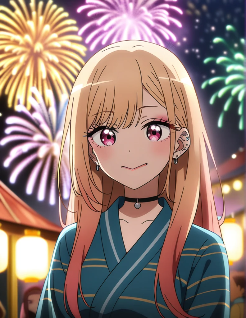 1girl, kitagawa marin, sono bisque doll wa koi wo suru, yukata, fireworks, festival, anime artwork, anime style, key visual, vibrant, studio anime, highly detailed, masterpiece, best quality, very aesthetic, absurdres
