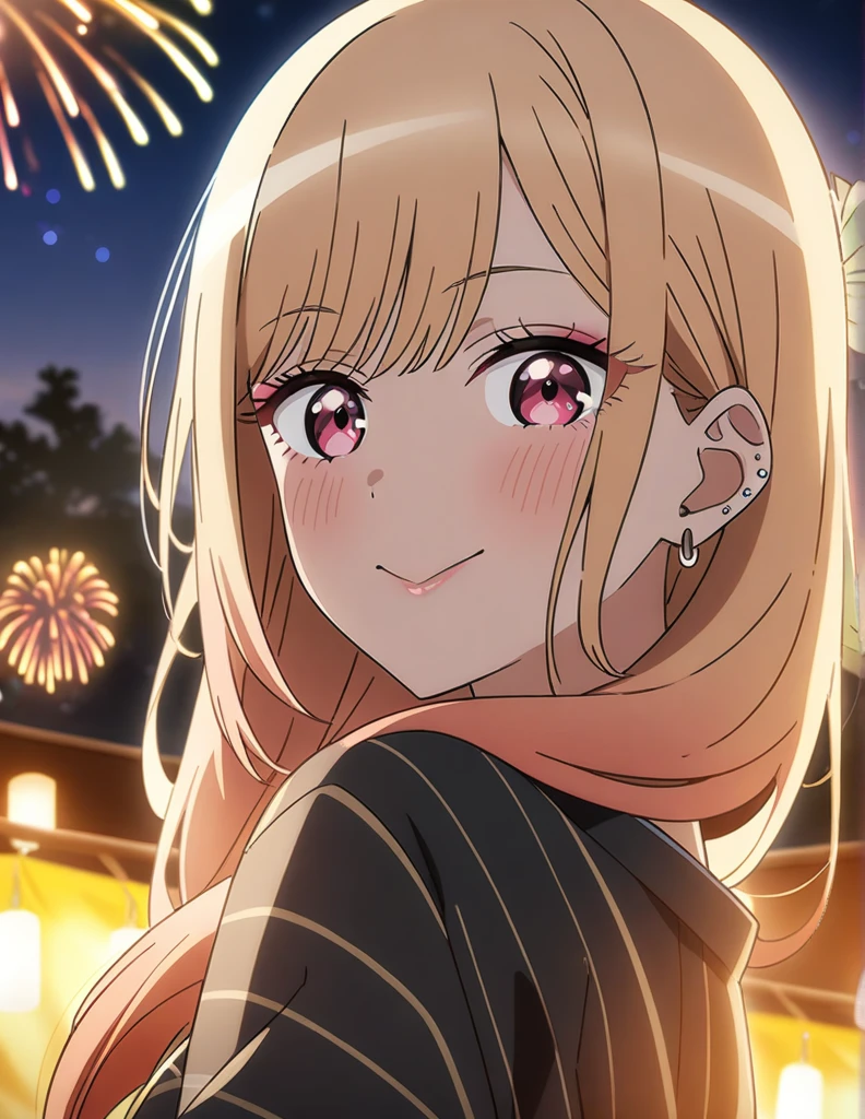 1girl, kitagawa marin, sono bisque doll wa koi wo suru, yukata, fireworks, festival, anime artwork, anime style, key visual, vibrant, studio anime, highly detailed, masterpiece, best quality, very aesthetic, absurdres