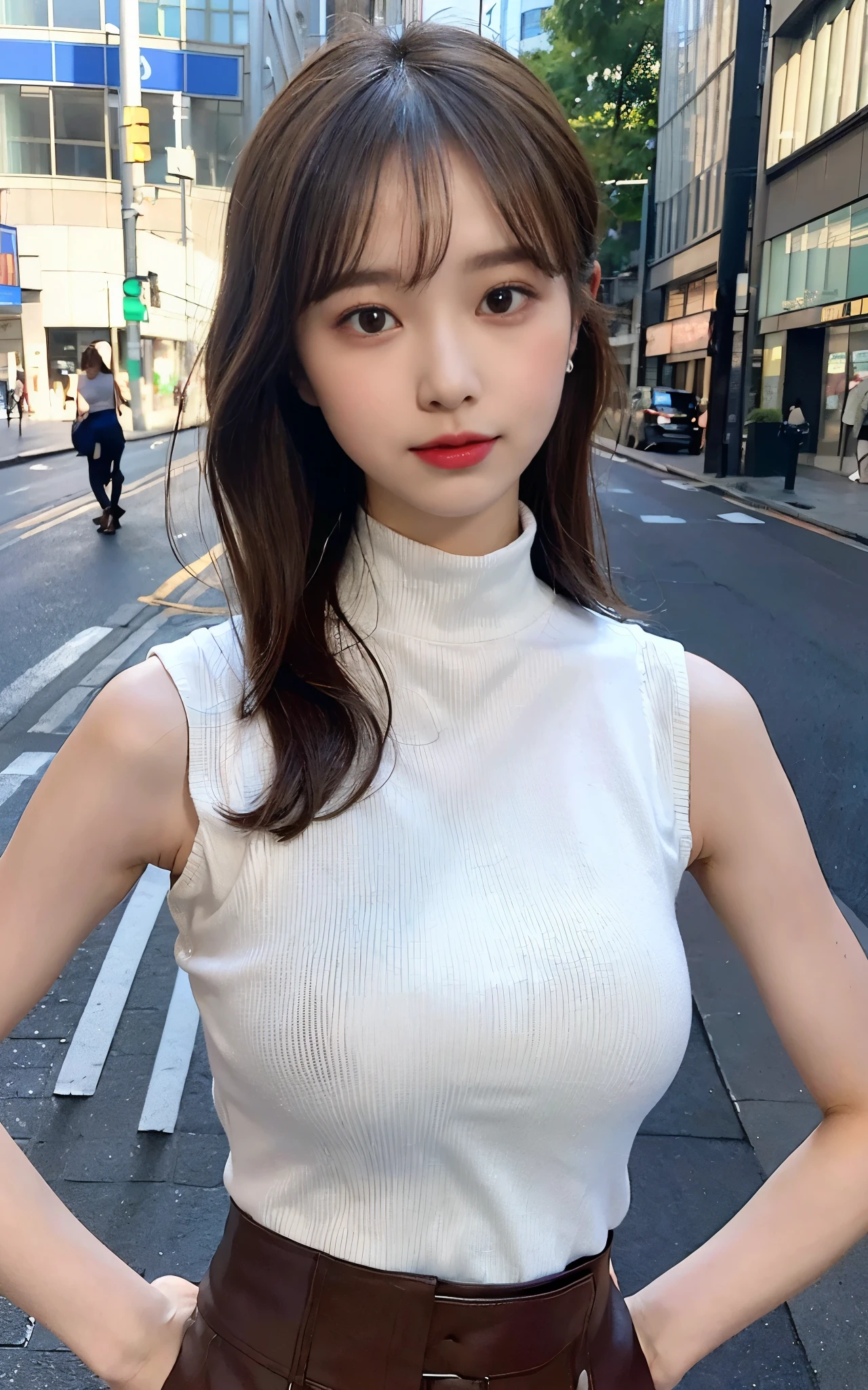 (8K, high resolution, Best Quality, masutepiece:1.2)、((full body)), RAW portrait of japanese girl、超A high resolution, top-quality, (huge-breasted,:1.8), {Hide all breasts:1.2}, {Off-white shorts:1.5}. (Wearing a blue sleeveless turtleneck:1.5), (hands to hips:1.6), (In the street:1.2), BREAK (Natural Skin Texture, Detailed skin, Hyper-Realism, ultra sharpness), intricate detailes, depth of fields, Sexy woman, Long black hair straight, Toned buttocks, ((​masterpiece, top-quality, high-detail)), (Photorealsitic:1.4), solo, closes mouth, Smile happily, big eye, Distinct double eyelids, Lashes, long neck, Absolute area, Clean collarbone, face perfect, thin lips, a small face, (gazing at viewer, Highlights in the eyes, Light brown eyes, lipglosrom the side:1.5), {From head to foot, showing your whole body:1.7}, a smile