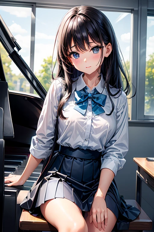 (8k, highest quality, Tabletop:1.2)、Ultra-high resolution、1 16-year-old female、Finger details、Tilt your head、Detailed face、deep, Beautiful Eyes、Happy、Long-sleeved school uniforms、Checkered skirt and navy skirt、Black Hair、Twin Blade、alone、She spreads her legs and shows her panties to seduce you、Finger details、((Grand piano available)) ,School Music Room、sunset