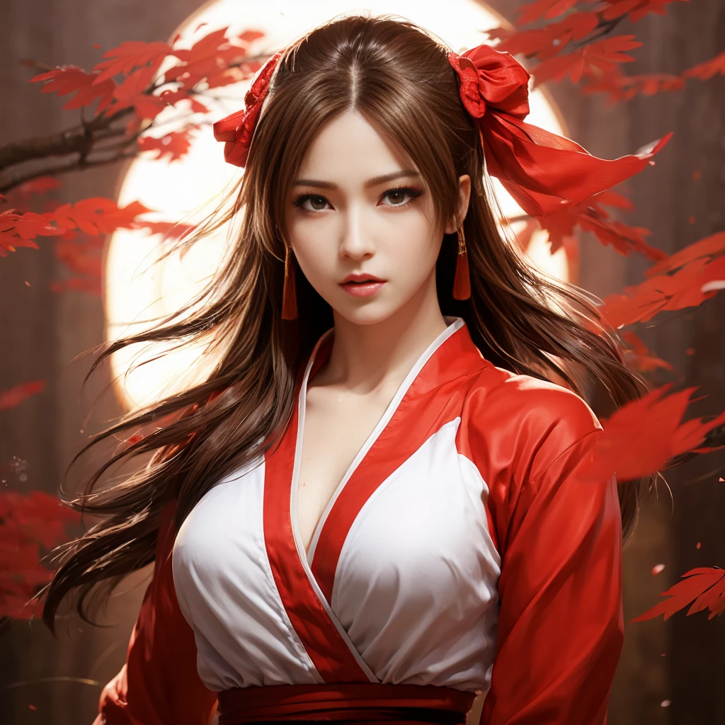 Mai Shiranui, (best quality,ultra-detailed),(realistic:1.37), beautiful and detailed face, ultra-realistic texture, delicate face, athletic body, vivid colors. High definition, 8k, angry expression