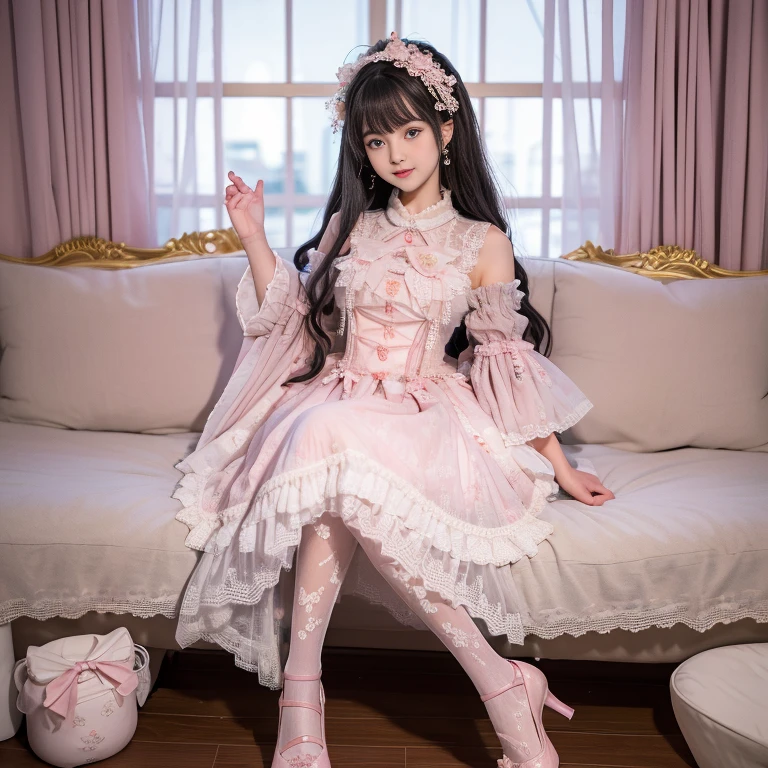 best quality, masterpiece, lifelike, 1 girl, solitary, eternity, Black Hair, Long curly hair, Bangs, Smile, Pink skirt, Pink skirt, layered skirt, Lolita style long skirt,分層連衣裙 Lace-trimmed 裙子, decorate, Lace, Long sleeve, Puff sleeves, Wide sleeves, Transparent sleeves, Hair accessories, 在flower园里, flower, Detailed background, Delicate face,pink blush,White,Knee socks, Pink shoes,cold,Lots of Lace,((masterpiece))、(top quality)、8k、High Detail、Ultra Detailed、 night、21 years old female,Wearing a pink dress((Dreamy atmosphere:1.1))、Seductive and whimsical style、masterpiece、born、Scenes resembling fairy tale illustrations、Intricate details showcase the ruffles and intricate designs of the Lolita dress、fair、magic、capricious、 fair、Dreamy aesthetics、「art itself、ethereal、charming、fickle、magic」、realism、Visual effect、FXAA、SSAO、shader、voiceless、Ambient Lighting、Tone Mapping、high resolution、Ultra HD、Million pixels、(8k resolution:1.10)、8k、Below 8K、8k resolution、High Detail、Intricate details、A look of surprise and awe on her face、 (high quality:1.2、masterpiece:1.2、:1.21)、(21 years old female:1.21)、(興奮地Smile)、(Surrounded by the Dreamy atmosphere of an amusement par色洛丽塔连衣裙、Her eyes were full of surprise and joy、I took a lot of geek photos、、High heel、Mucus、The slender one、Model Diagram,full-body shot,Knee-high White Lace socks,Sweet Lolita,sitting,Normal 2 feet,Pink shoes,Baotou shoes,full-body shot
