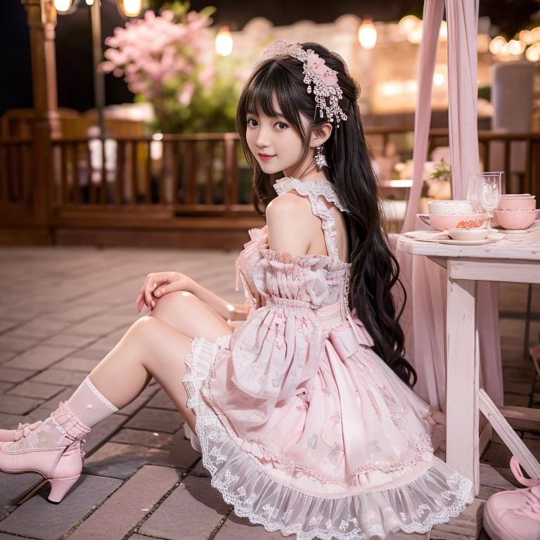 best quality, masterpiece, lifelike, 1 girl, solitary, eternity, Black Hair, Long curly hair, Bangs, Smile, Pink skirt, Pink skirt, layered skirt, ta style long skirt,分層連衣裙 Lace-trimmed 裙子, decorate, Lace, Long sleeve, Puff sleeves, Wide sleeves, Transparent sleeves, Hair accessories, 在flower园里, flower, Detailed background, Delicate face,pink blush,White,Knee socks, Pink shoes,cold,Lots of Lace,((masterpiece))、(top quality)、8k、High Detail、Ultra Detailed、 night、21 years old female,Wearing a pink dress((Dreamy atmosphere:1.1))、Seductive and whimsical style、masterpiece、born、Scenes resembling fairy tale illustrations、Intricate details showcase the ruffles and intricate designs of the Loliress、fair、magic、capricious、 fair、Dreamy aesthetics、「art itself、ethereal、charming、fickle、magic」、realism、Visual effect、FXAA、SSAO、shader、voiceless、Ambient Lighting、Tone Mapping、high resolution、Ultra HD、Million pixels、(8k resolution:1.10)、8k、Below 8K、8k resolution、High Detail、Intricate details、A look of surprise and awe on her face、 (high quality:1.2、masterpiece:1.2、:1.21)、(21 years old female:1.21)、(興奮地Smile)、(Surrounded by the Dreamy atmosphere of an amusement par色洛丽塔连衣裙、Her eyes were full of surprise and joy、I took a lot of geek photos、、High heel、Mucus、The slender one、Model Diagram,full-body shot,Knee-high White Lace socks,Sweet Lolita,sng,Normal 2 feet,Pink shoes,Baotou shoes,full-body shot