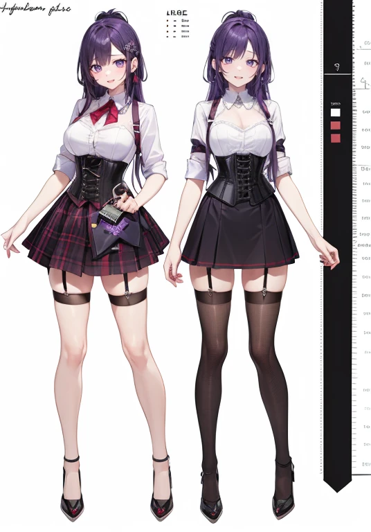 Purple hair,long hair,Adult female,Bartender,((Body harness)),((Rolling up your sleeves shirt)),(Corset),(Tight skirt),((Garter belt)),(Heal),((Simple background)),Smile,((Full body)),((whole body)),Character Sheet,