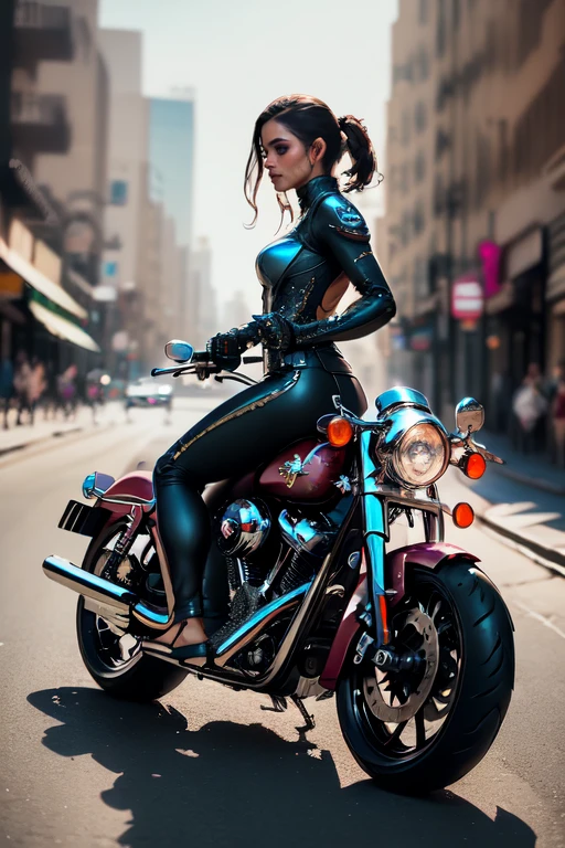 A female cyborg riding a high-tech motorcycle on the street, (side view, Half-turn:1.2), Harley Davidson,(best quality, high quality, absurdres, masterpiece:1.2), beautiful, intricate details, magnificent anatomy, slim body, beautiful figure, (intricate details:1.12), (intricate details, hyper-detailing:1.15), (natural skin textures, hyper realistic, soft light, sharp:1.2), HDR