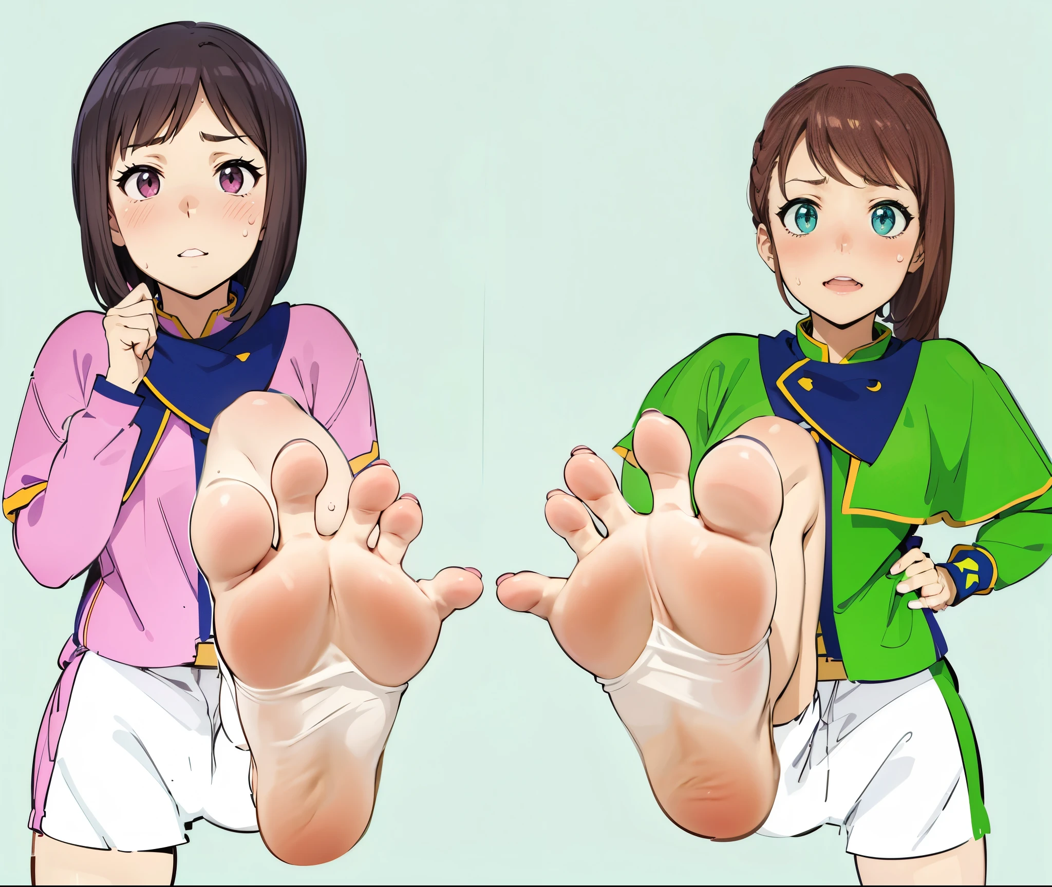 Anime girl sitting on a chair with Big Feet and pink shirt, Huge Art, foot art subjective, Detailed feet POV, Big Feet, Foot pose, Tifa, foot art, !!Very detailed!!, Her slender legs will overwhelm you., Naughty anime style, High Sole, High Resolution Rates、barefoot、only, Sweaty feet, mashin sentai kiramager, Kiramei Pink, Kiramei Green, onlyの拡大図,onlyを露出させる, 2 girls, Embarrassed look