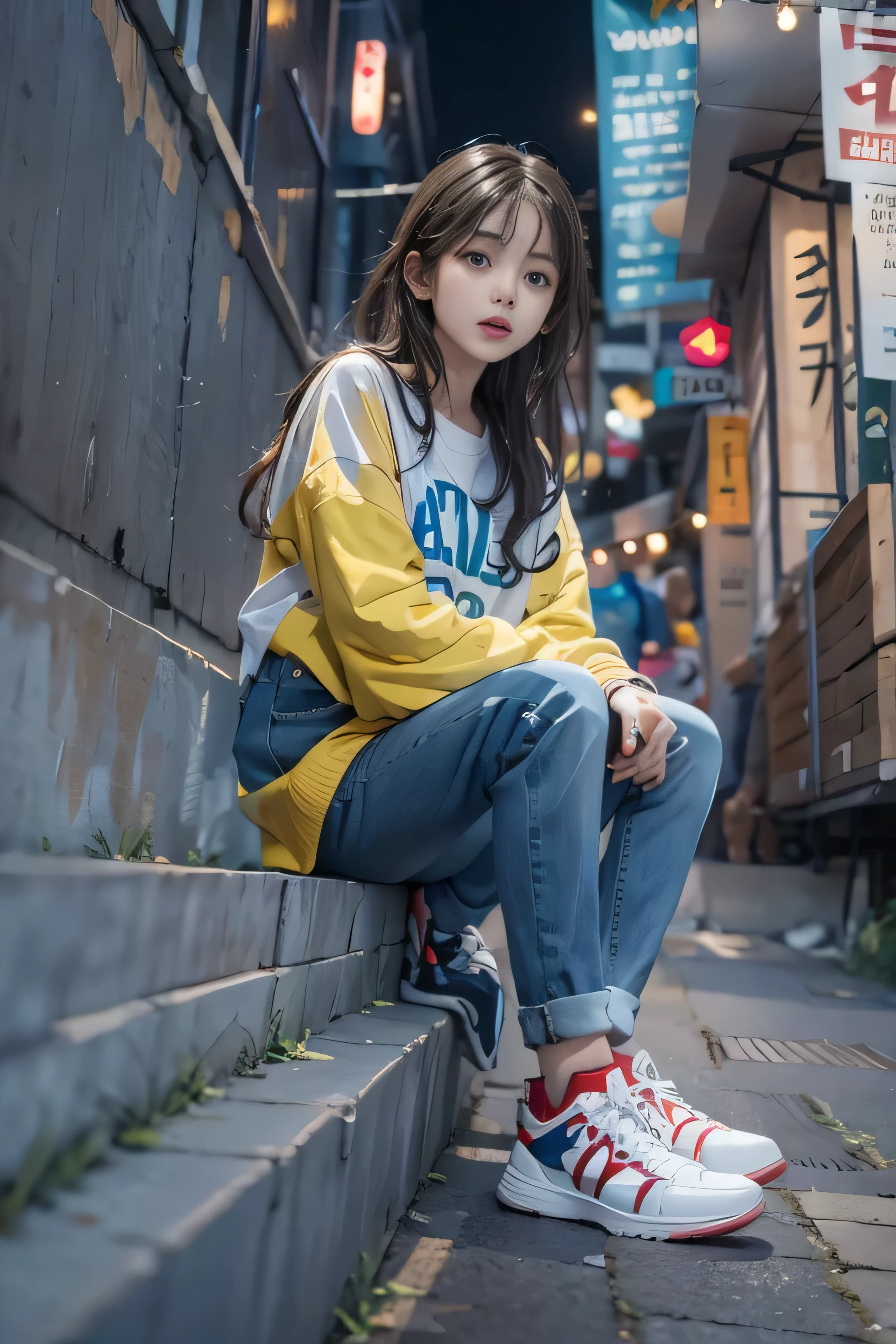 One girl，Japanese, ************, Wearing a colorful long sleeve shirt，(((Bottom View))),Athletic Sneakers，Low-rise denim pants, Have a smartphone, Shallow space，Background of urban architecture，Sitting pose，highest quality, masterpiece, 8k，Shallow depth of field, Biologically correct,