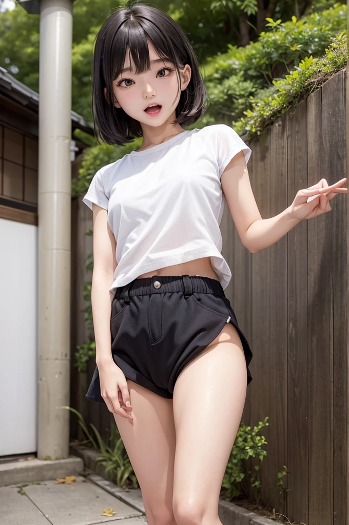 Photorealistic,masterpiece, best quality,ultra-detailed ,japanese t**en girl,cute,((takes off her pants and shows her panties)),She takes great pleasure in showing off her hip to viewer,latest sensational fashion,open mouth,black hair,small breast,very happy,very slutty,outdoor,Hakata,Japan,