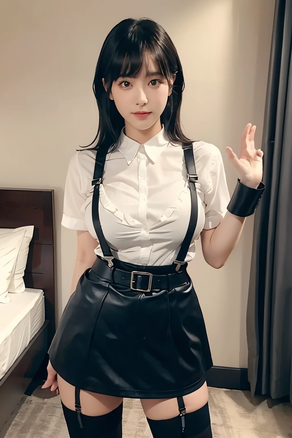 suspenders Large swollen breasts Black mini skirt garter belt Knee-high socks bangs Beauty Hands up Black boots one person Dress shirt Hands Behind Back put your hands behind your back With your hands behind your back Armament holster A room at the Belt Hotel Bed Wall side