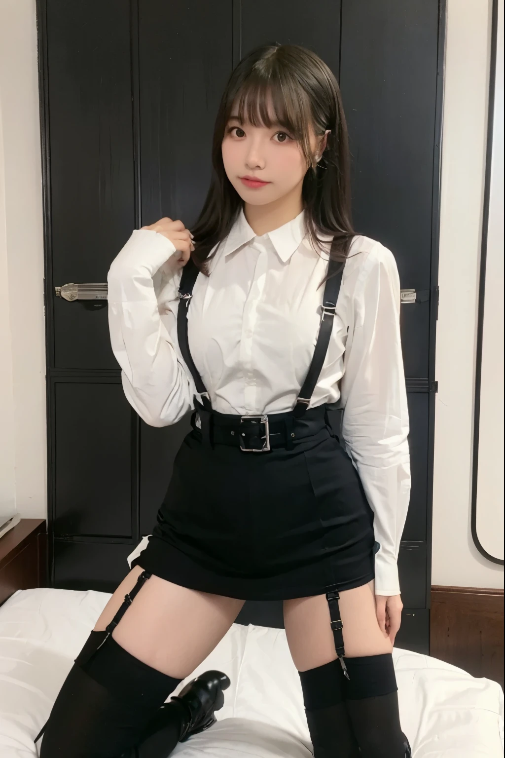 suspenders Large swollen breasts Black mini skirt garter belt Knee-high socks bangs Beauty Hands up Black boots one person Dress shirt Hands Behind Back put your hands behind your back With your hands behind your back Armament holster A room at the Belt Hotel Bed Wall side
