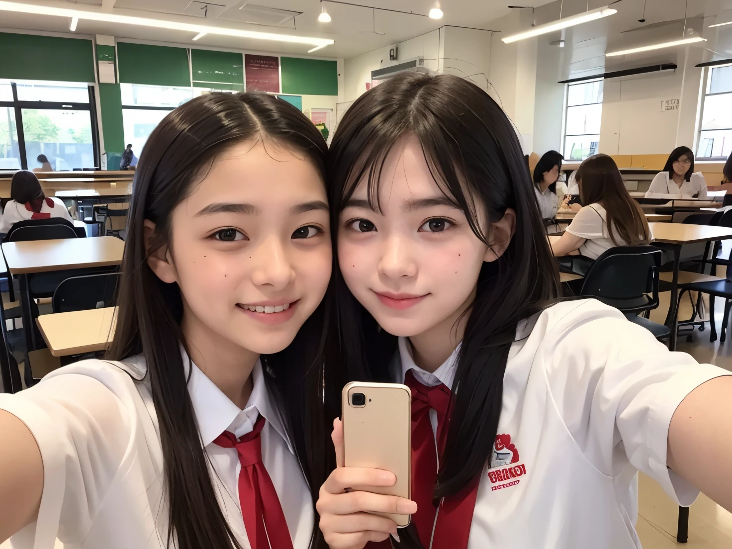 In the school cafeteria, two girls are taking a photo. One of them holds the phone to capture the moment. 18 anos, friendly girls take a photo, 17 years old, White uniform with red bands, , one girl, Sophie, tira a foto, a outra, Emma, apenas faz pose, girls look at sophie's phone camera, Jennie and lisa, Sophie takes the photo and Emma doesn't hold the phone, she just poses, foto linda de duas garotas estudantes, 17 18 anos, Jennie and rose blackpink