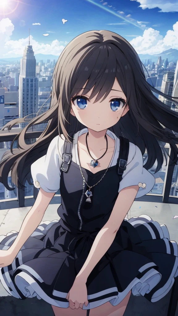 Absurd, High resolution, (Anime Style:1.1), ((Tabletop)), ((highest quality)), (Very detailed), (beautiful), alone, beautiful face、(lift)、The view from the top of a skyscraper close to the atmosphere is lovely.,Wind,((Thin black colorful long hair)),, blue eyes,Lens flare,dramatic,Detailed Ancient City、A skirt fluttering in the wind、Clouds looking down、(Finely fluttering black here:1.4),((Kingdom Hearts 4)),((Shibuya Ward))1.5,