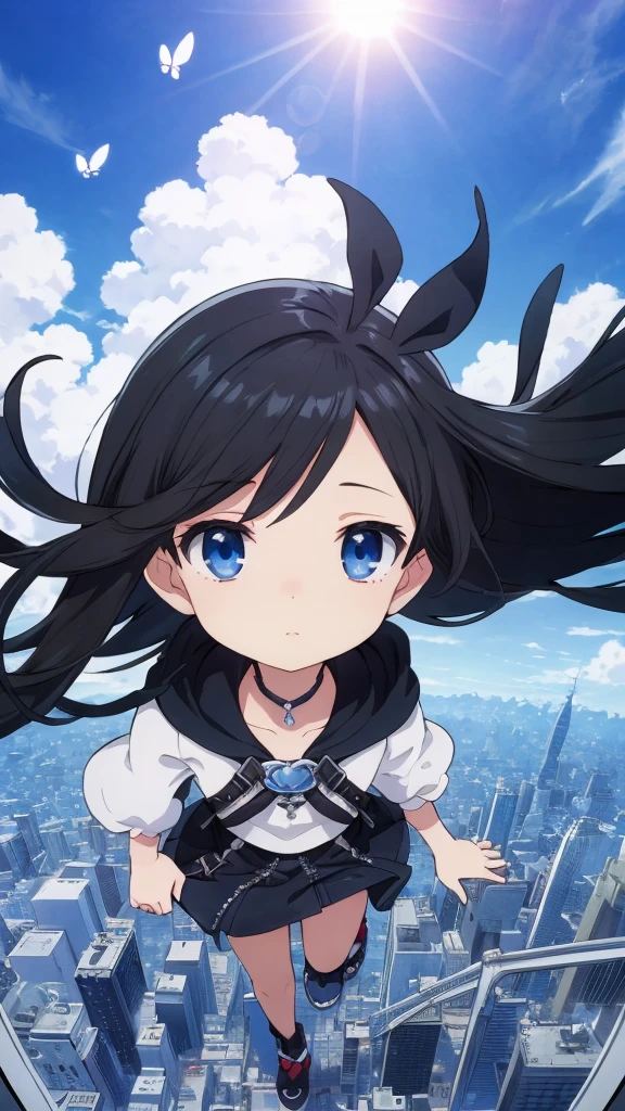 Absurd, High resolution, (Anime Style:1.1), ((Tabletop)), ((highest quality)), (Very detailed), (beautiful), alone, beautiful face、(lift)、The view from the top of a skyscraper close to the atmosphere is lovely.,Wind,((Thin black colorful long hair)),, blue eyes,Lens flare,dramatic,Detailed Ancient City、A skirt fluttering in the wind、Clouds looking down、(Finely fluttering black here:1.4),((Kingdom Hearts 4)),((Shibuya Ward))1.5,