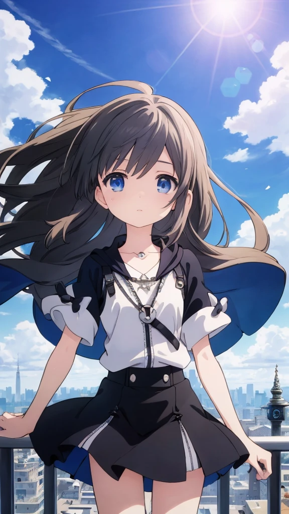 Absurd, High resolution, (Anime Style:1.1), ((Tabletop)), ((highest quality)), (Very detailed), (beautiful), alone, beautiful face、(lift)、The view from the top of a skyscraper close to the atmosphere is lovely.,Wind,((Thin black colorful long hair)),, blue eyes,Lens flare,dramatic,Detailed Ancient City、A skirt fluttering in the wind、Clouds looking down、(Finely fluttering black here:1.4),((Kingdom Hearts 4)),((Shibuya Ward))1.5,