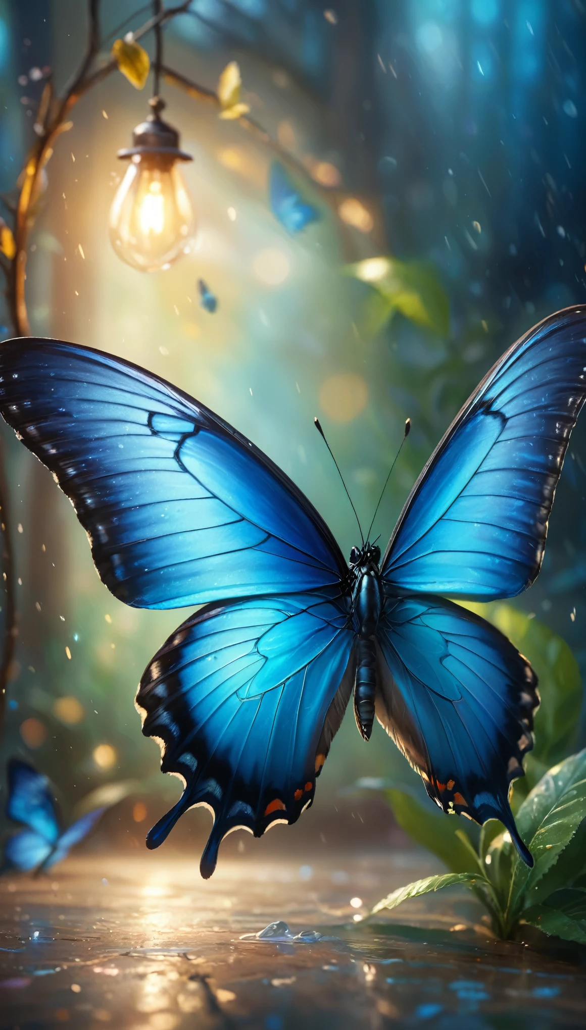A blue butterfly dancing gracefully in a dreamy light, with dynamic blur in a hurricane, detailed textures, vivid colors, and a mysterious atmosphere. (best quality,4k,8k,highres,masterpiece:1.2),ultra-detailed,(realistic,photorealistic,photo-realistic:1.37),HDR,UHD,studio lighting,ultra-fine painting,sharp focus,physically-based rendering,extreme detail description,professional,vivid colors,bokeh,portraits