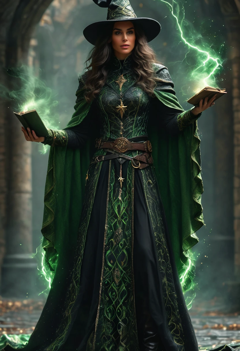 super realistic image, high quality uhd 8K, of man with black medieval outfit, detailed realistic ((slim body, high detailed)), ((tall model)), brunette hair, high detailed realistic skin, ((fantasy wizard's tunic with green long skirt and intricate details, several belts at the waist)), ((black wizard's magic cape, mysterious atmosphere)) ((wizard's peaked hat)) ((casting magic lightning spells)), real vivid colors, standing