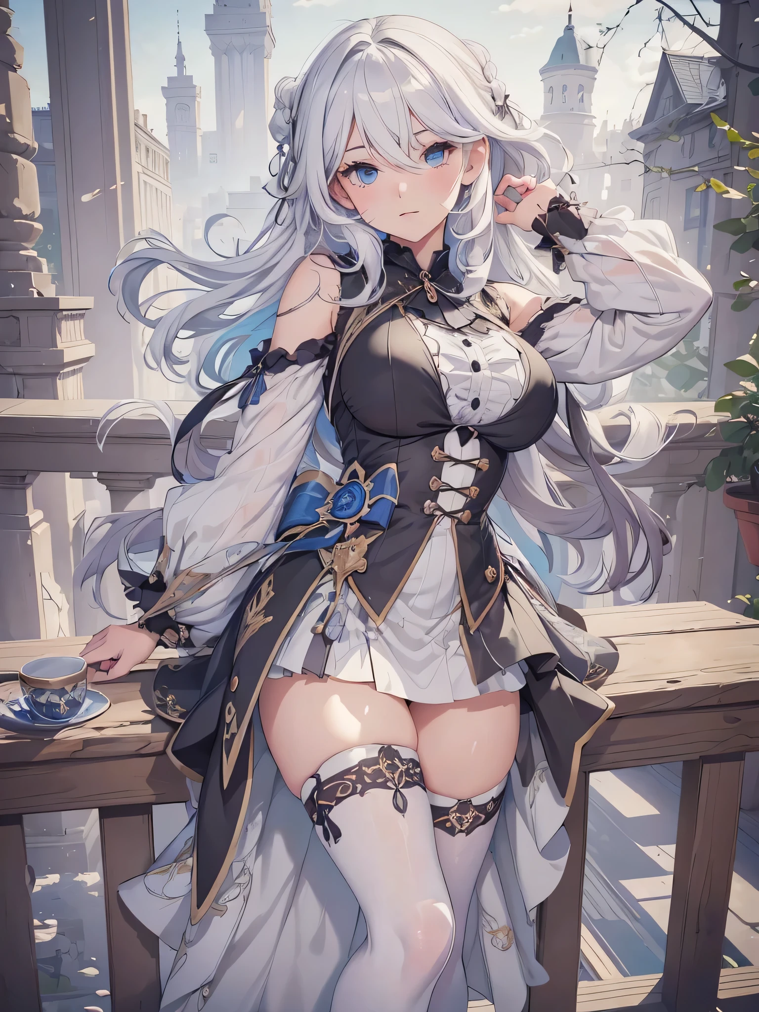 1girl, white hair, high quality, best quality, illustration, masterpiece, (highly detailed:1.2), (extremely detailed:1.3), young girl, in a winter park, string ribbon, skirt, thigh highs, winter, full body, ((masterpiece)),(top quality),(best quality),(((ultra-detailed , 8k quality))), (large masterpiece digital art), (detailed manga ilustration) ,(detailed line art) ,((perfect anatomy)), extremely detailed body, extremely detailed legs, perfect legs, ((Large breasts))