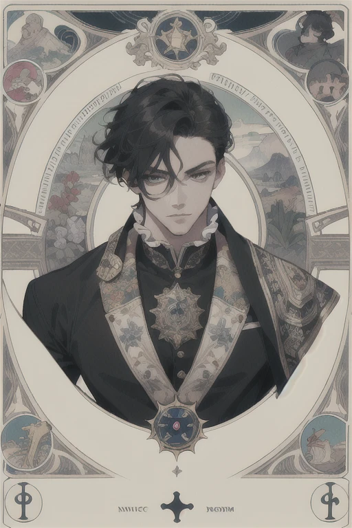 (absurdres, highres, ultra detailed), 1 male, adult, handsome, black hair, tall muscular guy, broad shoulders, finely detailed eyes and detailed face, the fool \tarot\, bard, clown, Symbolism, Visual art, Occult, Universal, Vision casting, Philosophical, Iconography, Numerology, Popularity, Artistic, Alfons Mucha