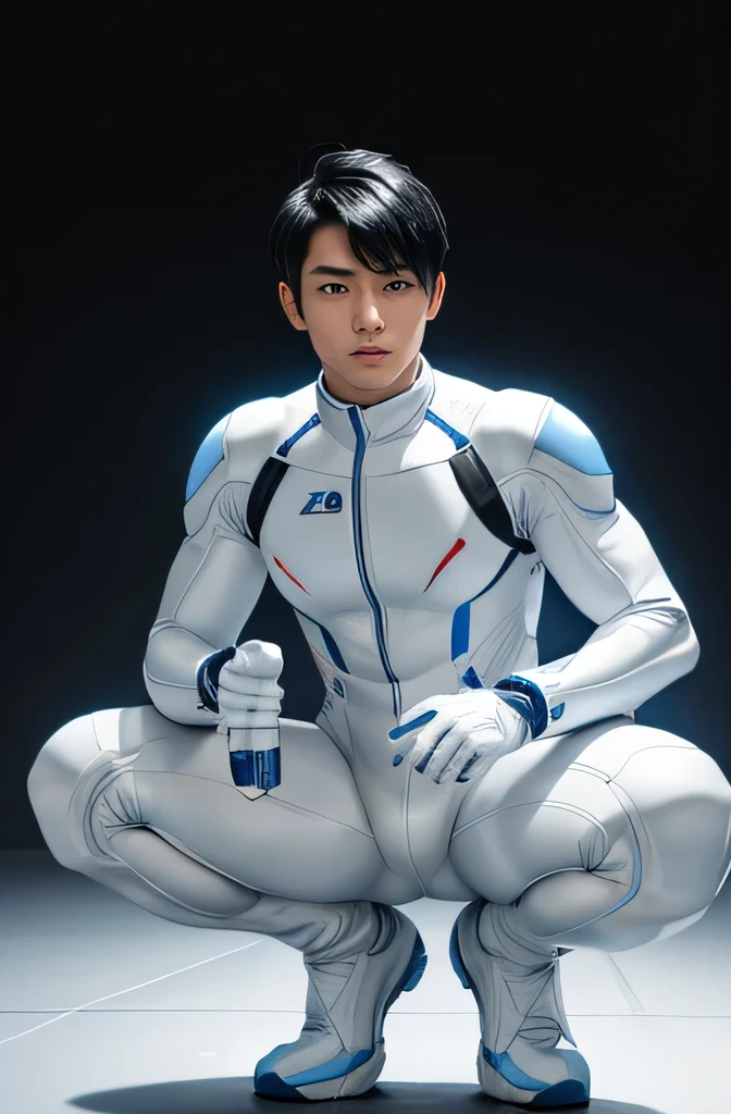 A handsome and refreshing 22-year-old Japanese man　Short black hair cut　Short hair man　Powerful pose　Future World　Various instruments　　Science fiction　A tight rubber suit that is all white with blue accents　Compression suit full body 　White gloves　 　Texture　Big Moccoli　A photo of someone looking up from their knees while squatting at the camera　Realistic images