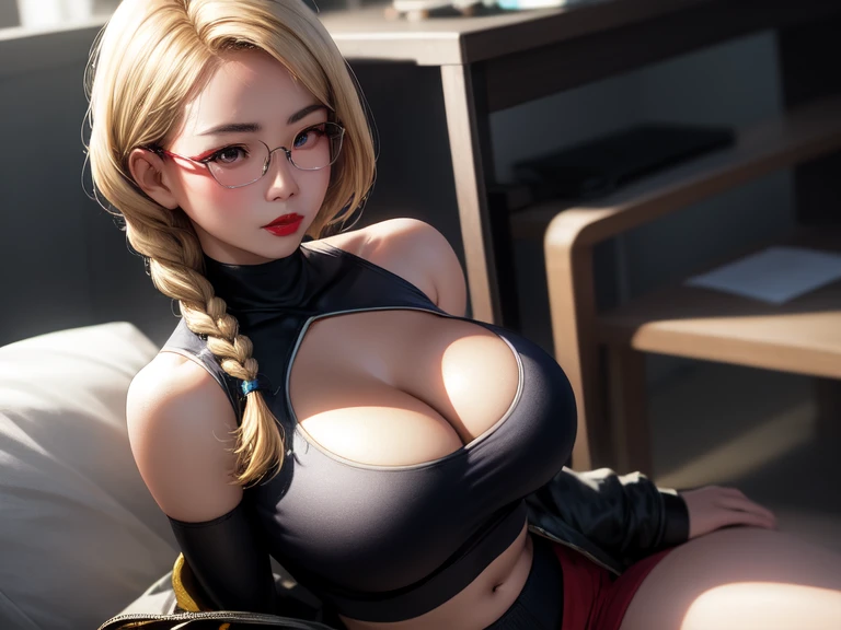Realistic Asian girl with big breasts, wearing a crop top and red lipstick and eyeglass also her hair is blond and braided and her cleavage is visible.
