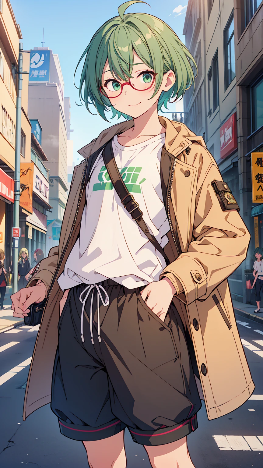 {{{{Vulgarity}}}},{{{masterpiece}}}, {{{highest quality}}}, {{Ultra-detailed}}, {figure}, {{Very delicate and beautiful}}, a boy, juvenile, boy, Green Hair, short hair, Green Eyes, Glasses, Plump, Messy hairstyle, Ahoge, young, short, city, Showing off street fashion, smile, baggy coat, hot pants, short hair